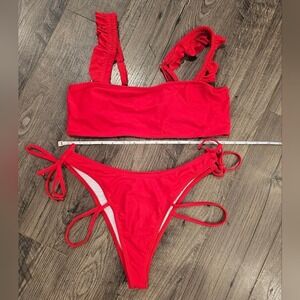 Women's szL Red Ruffle Strap‎ Tie Side Bikini Swimsuit Set Valentine's Patriotic